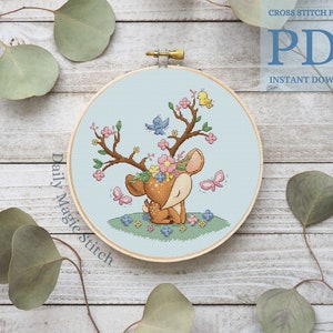 Deer cross stitch pattern Baby boy modern design Flowers and Birds embroidery (instant download PDF)