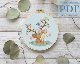 Reh Kreuzstichvorlage Baby Junge modernes Design Blumen und Vögel (sofortiger Download PDF)
