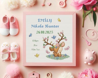 Birth announcement cross stitch pattern Girl Personalized Name & Metrics cross stitch Welcome Baby cross stitch Birth sampler embroideryDeer