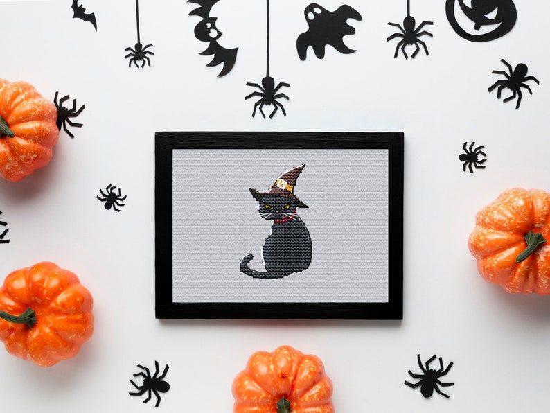 Funny Black Cat in Witch Hat Halloween Cross Stitch Pattern Halloween ...