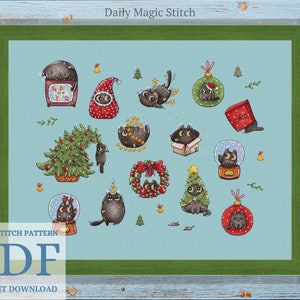 Funny Cat cross stitch pattern, Christmas cross stitch, mouse embroidery, Year of the cat (instant download PDF)