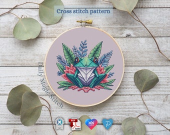 Origami frog and toad cross stitch pattern Floral cute frog cross stitch T-shirt pattern Digital download Cottagecore decor Hand embroidery