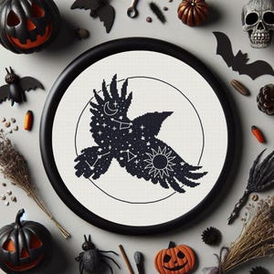 Crow cross stitch pattern Raven Bird monochrome silhouette Witchy Sun and moon with stars embroidery design Easy cross stitch (digital PDF)