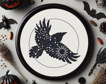 Crow cross stitch pattern Raven Bird monochrome silhouette Witchy Sun and moon with stars embroidery design Easy cross stitch (digital PDF)