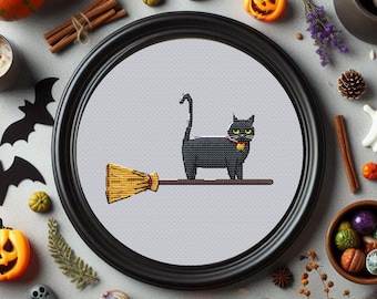 Halloween korsstygnsmönster, Kattkorsstygn Roligt korsstygn Drive stick korsstygn Halloween-present till kattälskare Häxa husdjur på kvast