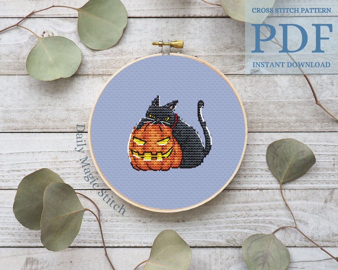 Halloween Cross Stitch Pattern Funny Black Cat With Pumpkin Witch ...