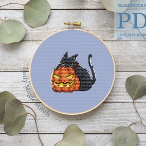 Halloween cross stitch pattern Funny black cat with pumpkin Witch Halloween gift and decor Cat lover gift | Digital download PDF