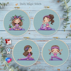 Set di schemi per punto croce ragazza yoga, schema per punto croce per meditazione, schema per ricamo floreale ragazza bruna, schema per ricamo Mindfulness, schema per download digitale in PDF
