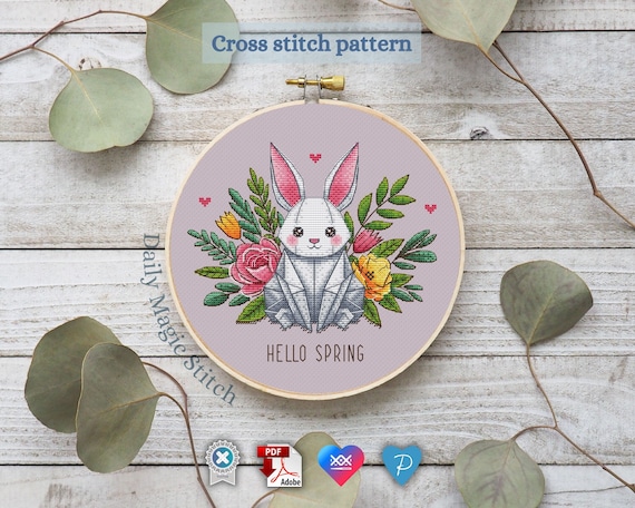 Origami rabbit cross stitch pattern Hello spring Floral Tote bag cross stitch Cute bunny rabbit lover gift DIY Cottagecore Digital download