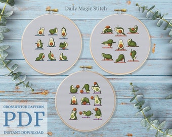 YOGA Avocado Set Cross Stitch Pattern, easy counted cross stitch chart for plastic canvas, sport life cross stitch (instant download PDF)