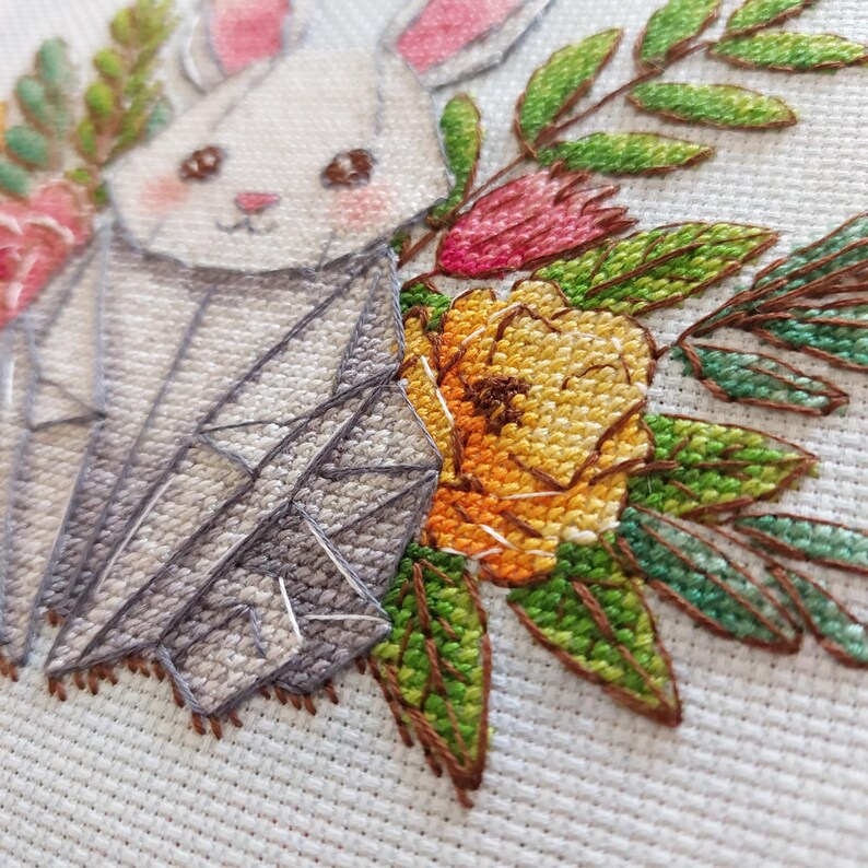 May include: Hand-stitched embroidery featuring a white bunny with pink-lined ears and cheeks, and a geometric design on its body. The bunny is surrounded by colorful flowers and green leaves, all on a white fabric background. The embroidery uses various shades of gray, yellow, pink, and green.