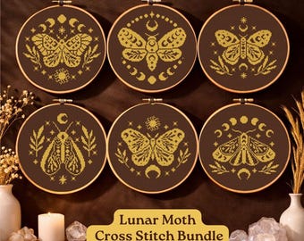 Moth cross stitch pattern, Moon phase cross stitch sampler Gothic cross stitch, Witch primitive monochrome embroidery, Mystic cross stitch