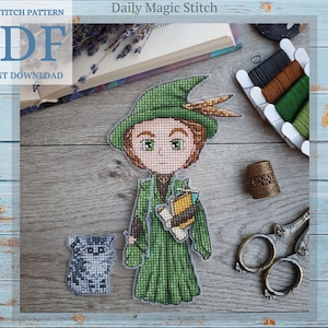 May include: Cross stitch pattern PDF download for a green-clad wizard holding books and a cat. The title "Daily Magic Stitch" is at the top of the image.