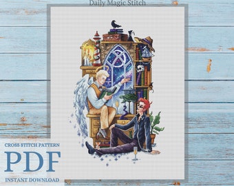 Good Omens cross stitch pattern Angel and demon cross stitch Book embroidery Movie cross stitch Fandom gift Geek cross stitch Nerdy decor