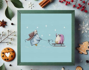 Christmas cross stitch pattern penguin family love gift Baby cross stitch Wedding gift DIY embroidery Sledding snow cross stitch