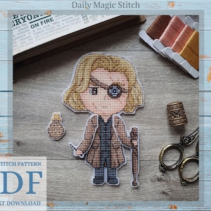 Dark Arts Zauberer Kreuzstich Stickmuster, Fandom Kreuzstich Stickvorlage, Kawaii Stickbild für Geeky Stickrahmen, Niedliches Stickmuster