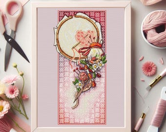 Floral Sewing Cross Stitch Pattern, Embroidery Hoop Design (PDF Pattern)