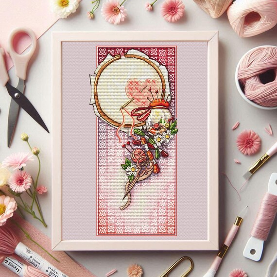 Heart in Hoop cross stitch pattern, Housewarming Gift for embroiderer Floral cross stitch Scissors embroidery design