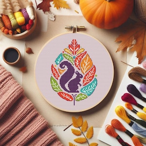 Fall squirrel cross stitch pattern Animal silhouette cross stitch Nordic folk embroidery Modern forest cross stitch Scandinavian primitive