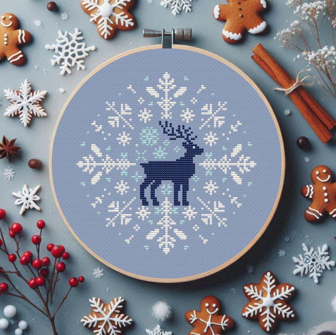 Christmas Deer Cross Stitch Pattern Snowflake Ornament Winter Decor and ...