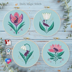 Frühlings Blumen Kreuzstich Stickmuster Tiere Silhouette Niedliches nordisches Kreuzstichmuster Häschen Frosch Maus und Vogel primitives Stickbild