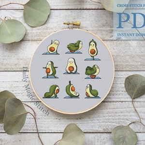 Avocado Yoga Cross Stitch Pattern, easy embroidery pattern for plastic canvas, vegan cross stitch (instant download PDF)