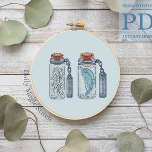 Jar cross stitch pattern with dandelion and feather, witchy flowers bottle Fairy cross stitch (instant download PDF)