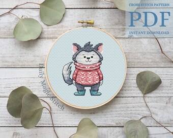 Christmas cross stitch pattern, Funny Animal embroidery pattern, Winter wolf Christmas gift and baby room decor | Digital PDF