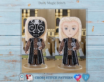 May include: Cross stitch pattern featuring two figures, one with a black mask and the other without. Both figures have blonde hair, brown and black clothing, and are holding a silver object. The text "Daily Magic Stitch" and "CROSS STITCH PATTERN" are visible.