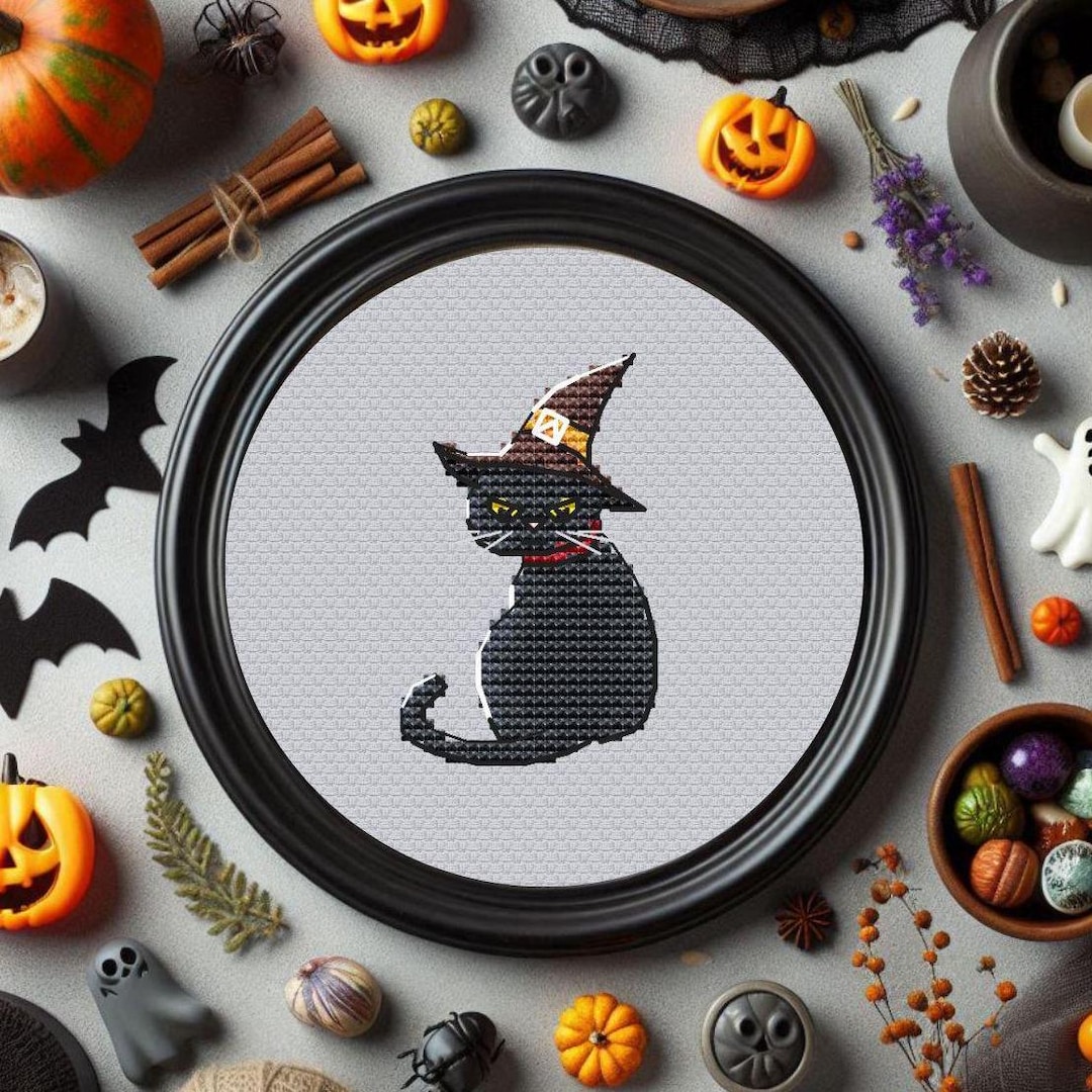 Funny Black Cat in Witch Hat Halloween Cross Stitch Pattern Halloween ...