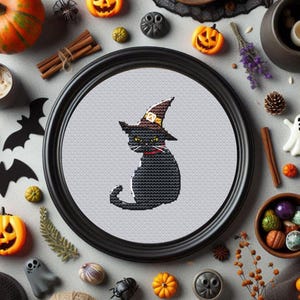 Funny black cat in witch hat Halloween cross stitch pattern Halloween gift for cat lover | Digital download PDF