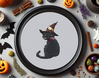 Funny black cat in witch hat Halloween cross stitch pattern Halloween gift for cat lover | Digital download PDF