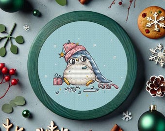 Christmas cross stitch pattern toy for plastic canvas Funny penguin with Christmas gift for penguin lover, Cute winter embroidery bird