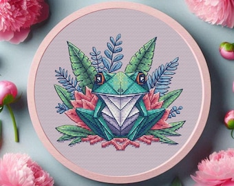 Origami Frog Cross Stitch Pattern, Floral Cottagecore Design (PDF pattern)