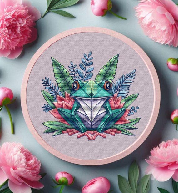 Origami Frog Cross Stitch Pattern, Floral Cottagecore Design (PDF pattern)