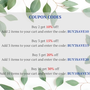 May include: A promotional graphic with text on a white background, surrounded by green eucalyptus leaves. The text announces coupon codes: Buy 2 get 10% off, Buy 3 get 15% off, Buy 5 get 20% off, and Buy 10 get 30% off. Each offer includes a code.