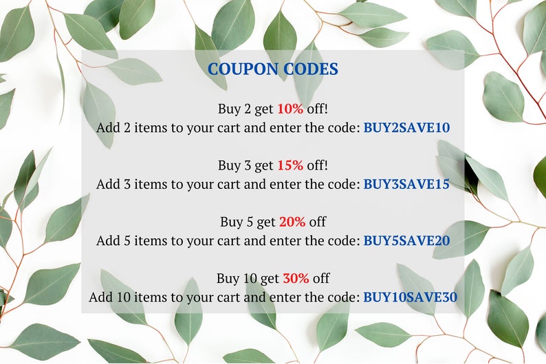 May include: A promotional graphic with text on a white background, surrounded by green eucalyptus leaves. The text announces coupon codes: Buy 2 get 10% off, Buy 3 get 15% off, Buy 5 get 20% off, and Buy 10 get 30% off. Each offer includes a code.