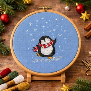Penguin cross stitch pattern, winter bird embroidery Christmas funny decor gift (Digital PDF file)