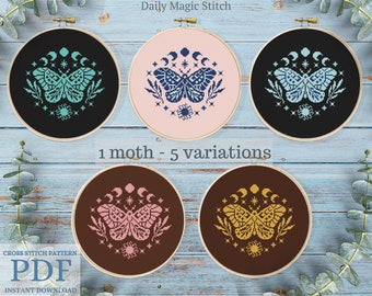 Moth cross stitch pattern, Moon phase embroidery Insect cross stitch Witchy primitive monochrome design Gothic pattern (digital PDF)