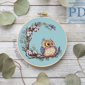 Owl cross stitch pattern, Cotton wreath cross stitch, Bird embroidery design Gift idea for owl lover Digital download PDF