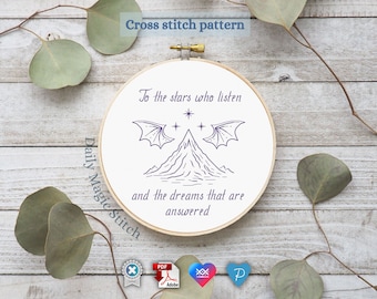 ACOTAR cross stitch pattern Mountain to the stars who listen quote Blackwork City of starlight Bat embroidery Bookish nerdy cross stitch PDF