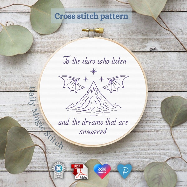 ACOTAR cross stitch pattern Mountain to the stars who listen quote Blackwork City of starlight Bat embroidery Bookish nerdy cross stitch PDF