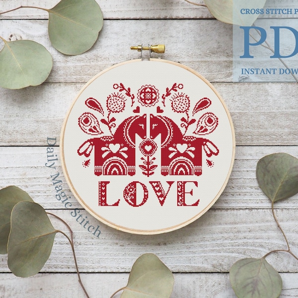 Love cross stitch pattern Horse folk primitive monochrome cross stitch sampler with flowers ornaments Wedding gift idea (digital PDF)