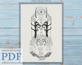 May include: Black and white cross stitch pattern of a mystical scene with a flaming eye, a ram's head, and a star-filled sky. The pattern is titled "Daily Magic Stitch" and is available as a PDF download.