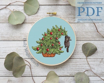 Christmas cross stitch pattern, Cat cross stitch for plastic canvas, Christmas toy embroidery Gift for cat lover Christmas tree cross stitch