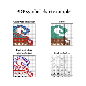 May include: A PDF symbol chart example showing how to create a cross stitch pattern. The chart shows a design with a blue, red, and brown color scheme. The chart also shows how to create the design in black and white.