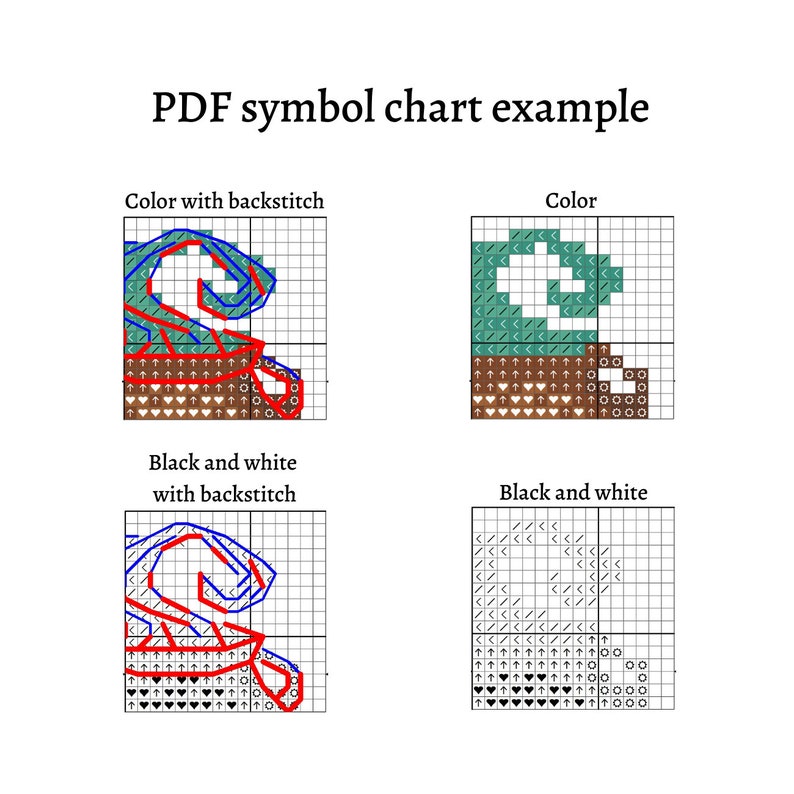 May include: A PDF symbol chart example showing how to create a cross stitch pattern. The chart shows a design with a blue, red, and brown color scheme. The chart also shows how to create the design in black and white.