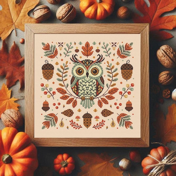 Owl cross stitch pattern Autumn sampler Fall cross stitch quaker Primitive Forest Bird embroidery Acorn with leaves Digital Download PDF