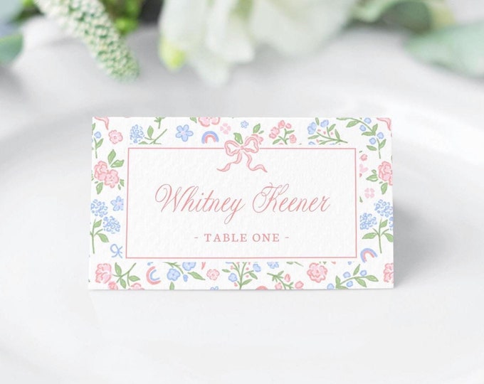 Printable Floral and Pink Bow Place Card Template, Girl Baby Shower Food Labels, Ditsy Floral and Pink Bow Food Tent, Coquette