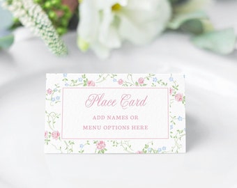 Printable Floral Place Card Template, Wedding Place Cards, Girl Baby Shower Food Labels, Floral Vines Food Tent, Coquette Grandmillennial